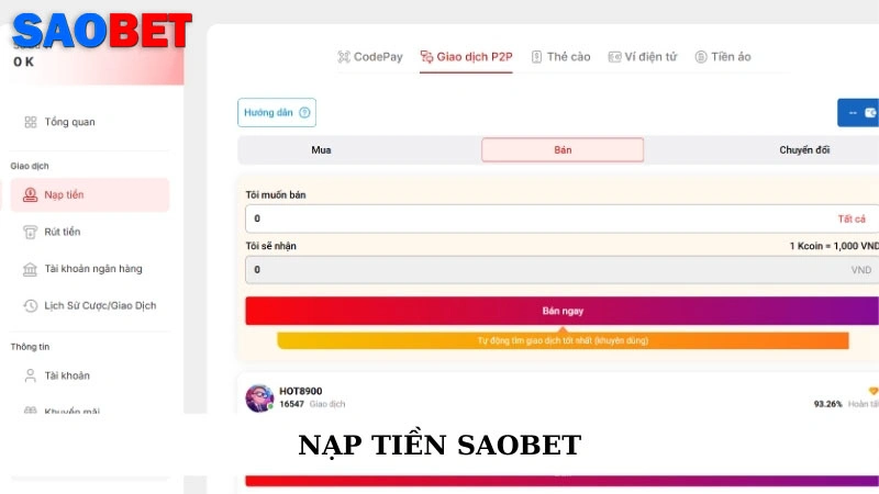 Nạp tiền Saobet